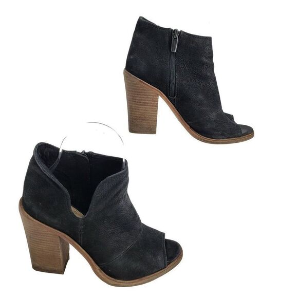 Vince Camuto Ankle Booties 6.5 Black Leather Suede Stacked Block Heel Peep Toe - Picture 5 of 11